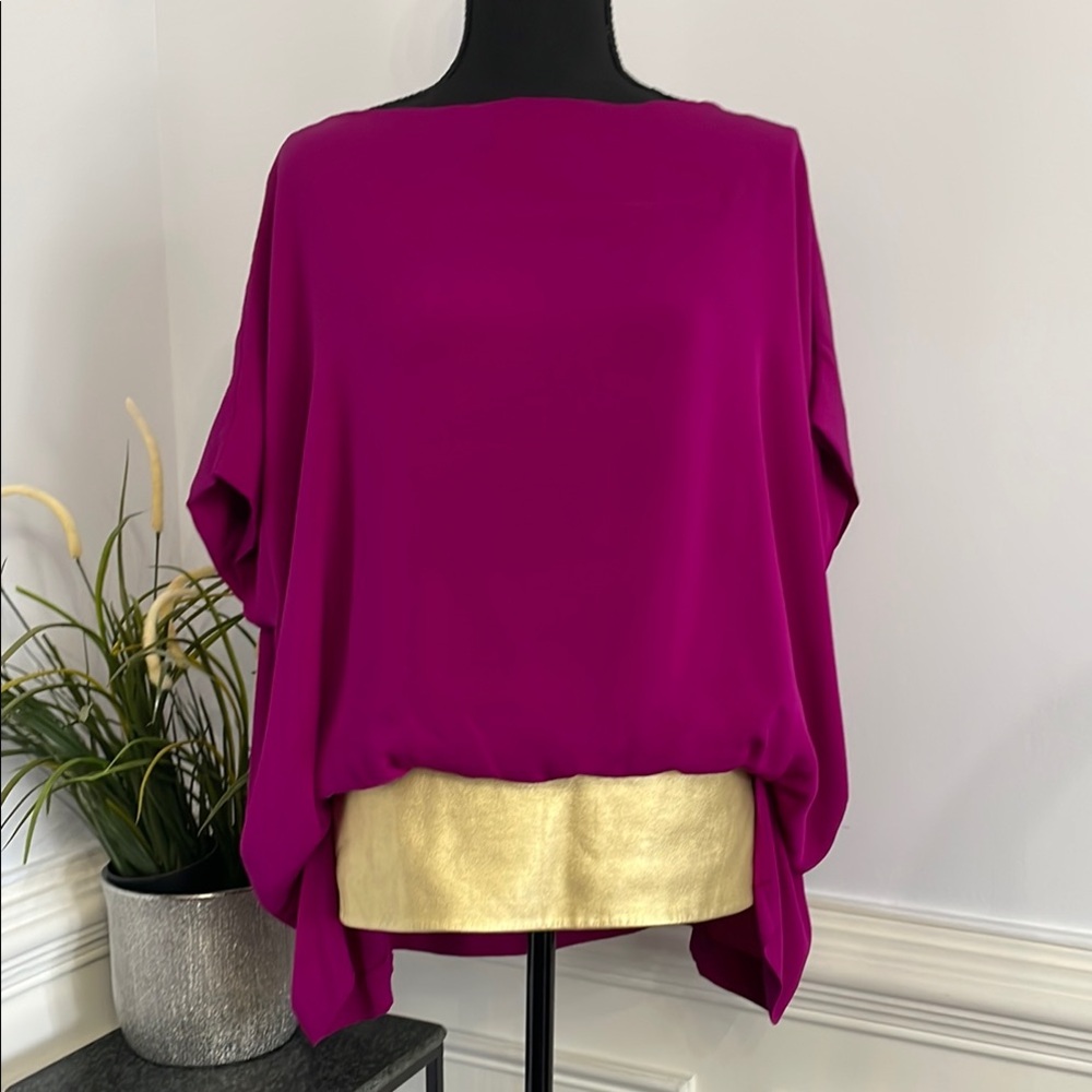 NWOT DVF Goya 100% Silk Purple& Gold Leather Flowing Onersized Blouse M